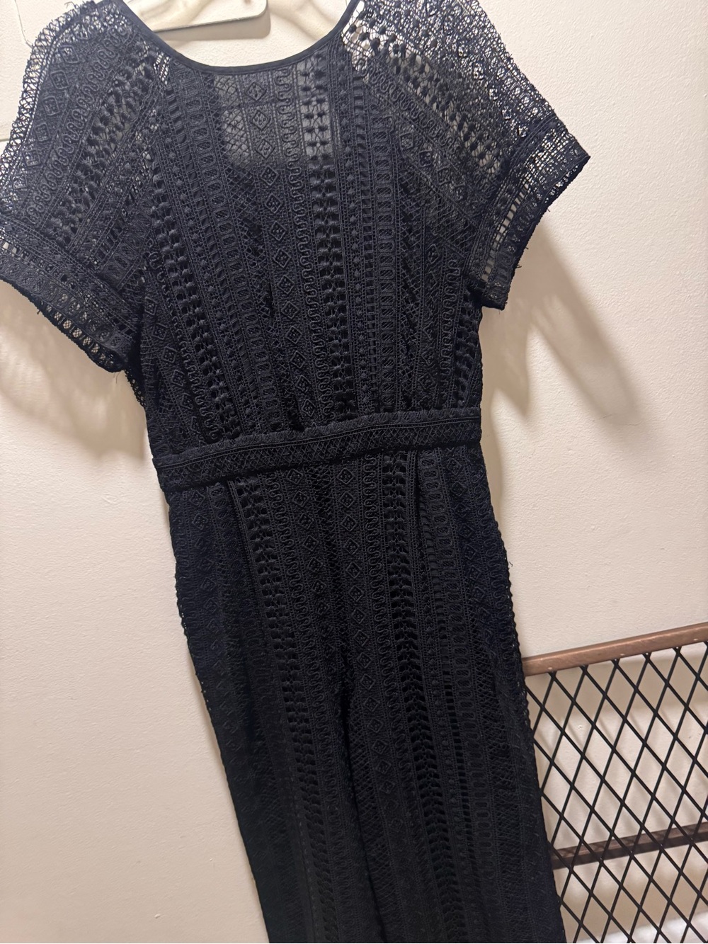 Black Crocheted Short-Sleeve Women’s Romper.
